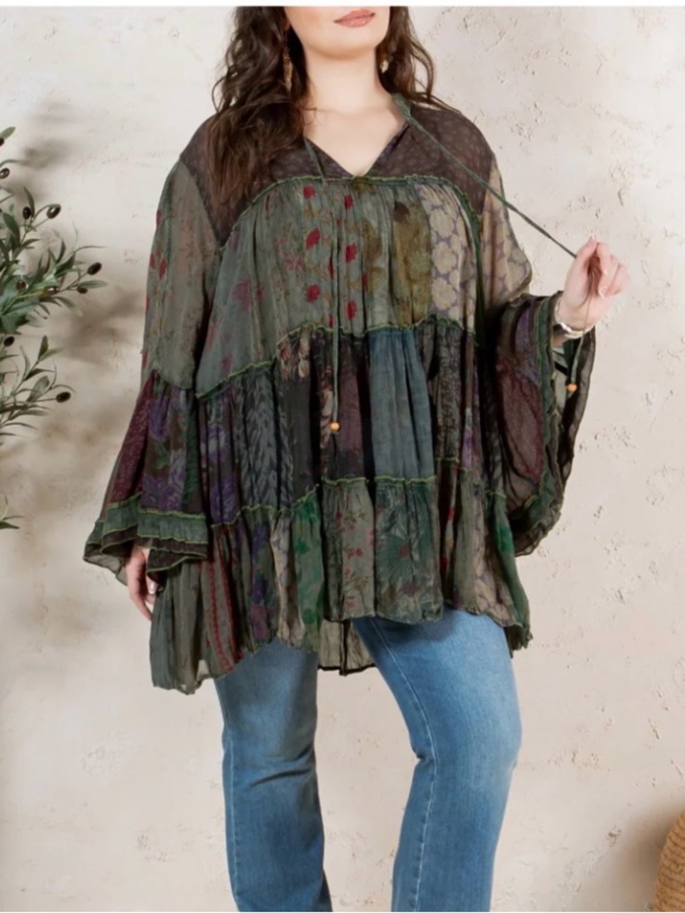 NWT Young Threads Patchwork Ruffled Peasant Top - Olive Multi